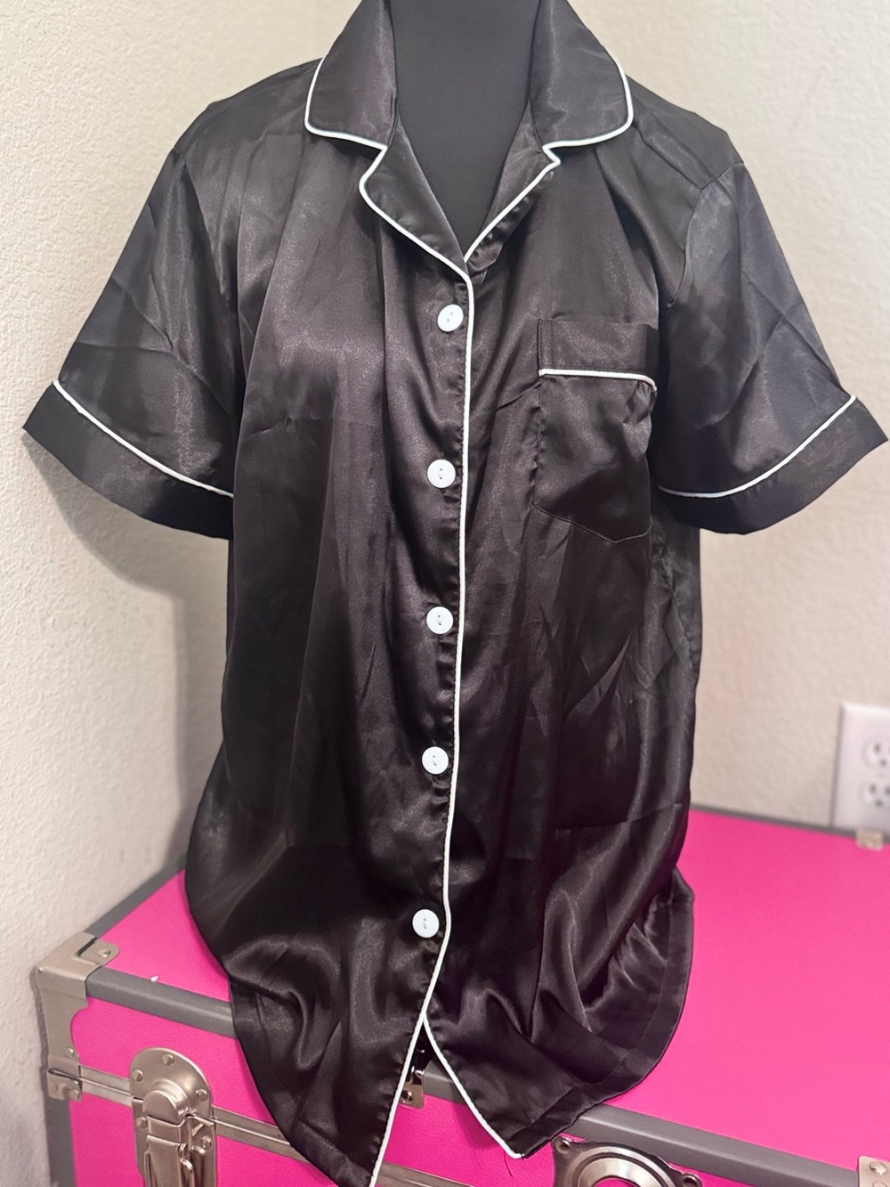 Black Satin Short Sleeve Pajama Set
